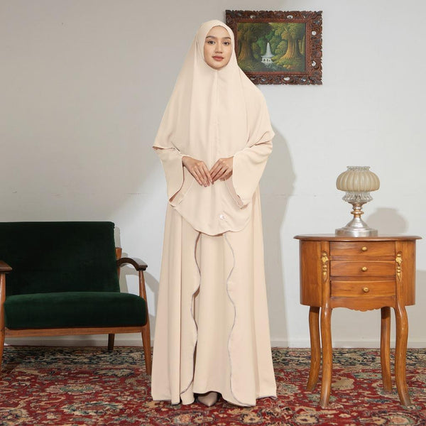 Aisha Abaya (Abaya Dress Haji dan Umrah) Cream Almond New Material