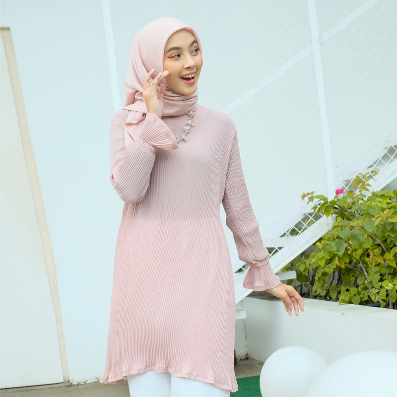 Mahira Pleats Blouse (Baju Plisket) Pink Pastel