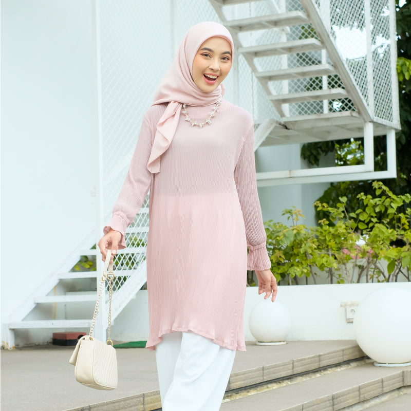 Mahira Pleats Blouse (Baju Plisket) Pink Pastel